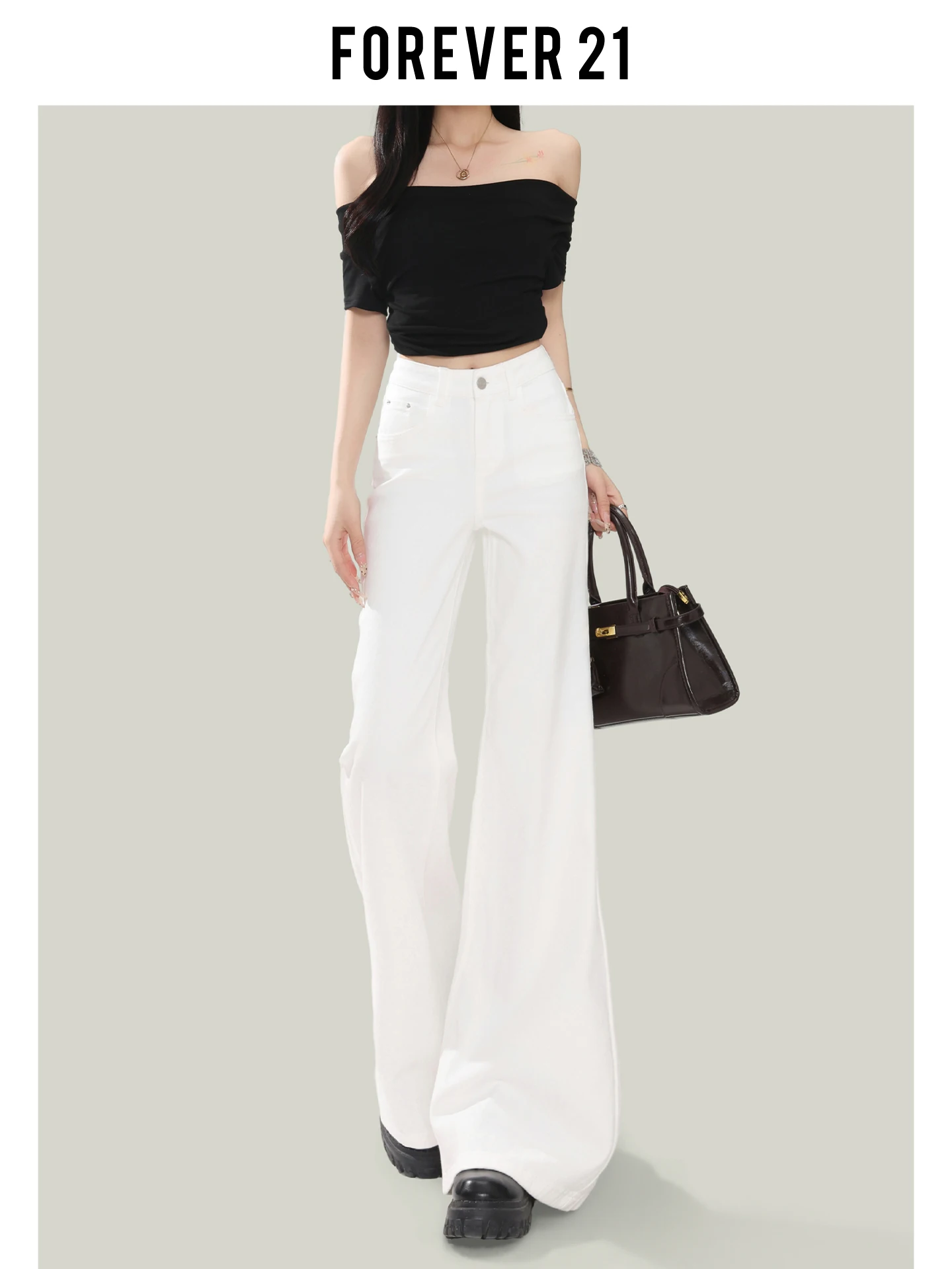 Calça Jeans Feminina Forever 21 Estilo Americano Cintura Baixa Boca de Sino Branca de Verão Perna Reta Hot Girl Casual Solta