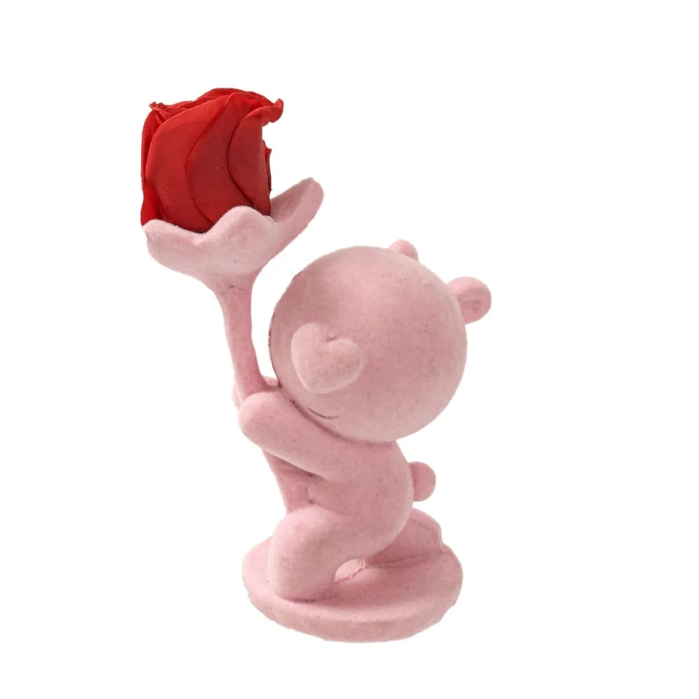 

Artificial Bear Holding Flower Statue Kneeling Position Handmade Flocking Animal Bear Figurine Display Collectible