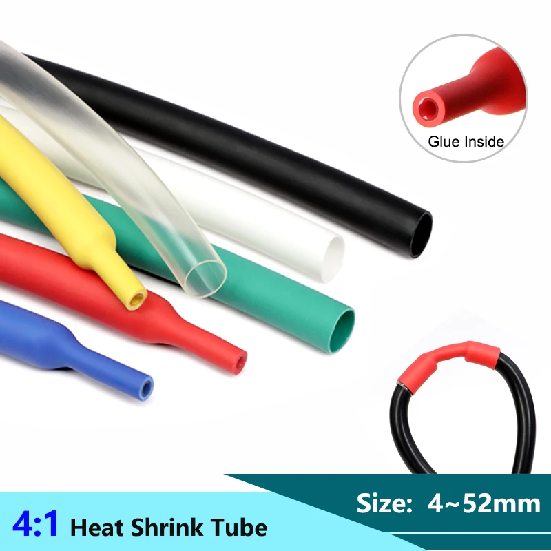 1/2/5M 4:1 Heat Shrink Tube With Glue Thermoretractile Heat Shrinkable Tubing Dual Wall Heat Shrink Tubing 4 6 8 12 16 24 52mm