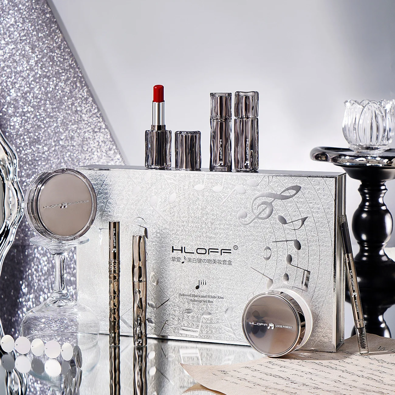 Hlof amado preto e branco chave beijo conjunto de maquiagem brilho labial batom almofada iniciante conjunto completo kit de maquiagem oito peças