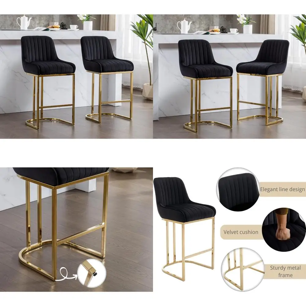 

Pair of Modern Counter Height Velvet Bar Stools with Backrest and Gold Base for Breakfast Bar, Elegant Design
