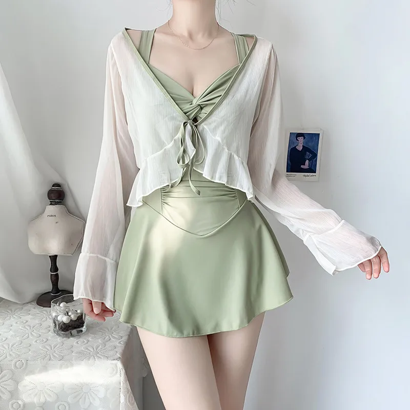 2pcs/set 2025 New Sexy Bikini Set with Cover-up loose Popular one-piece Swimsuit Women Fresh Pure Color Hot Spring Beach Dress