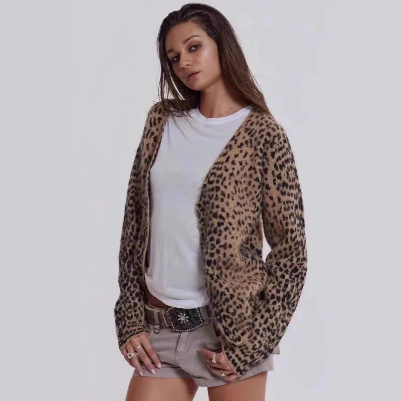 

Jaded London European and American Spice Girls Soft Y2K Mohair Leopard Print Sweater Knitted V-Neck Cardigan Jacket Women