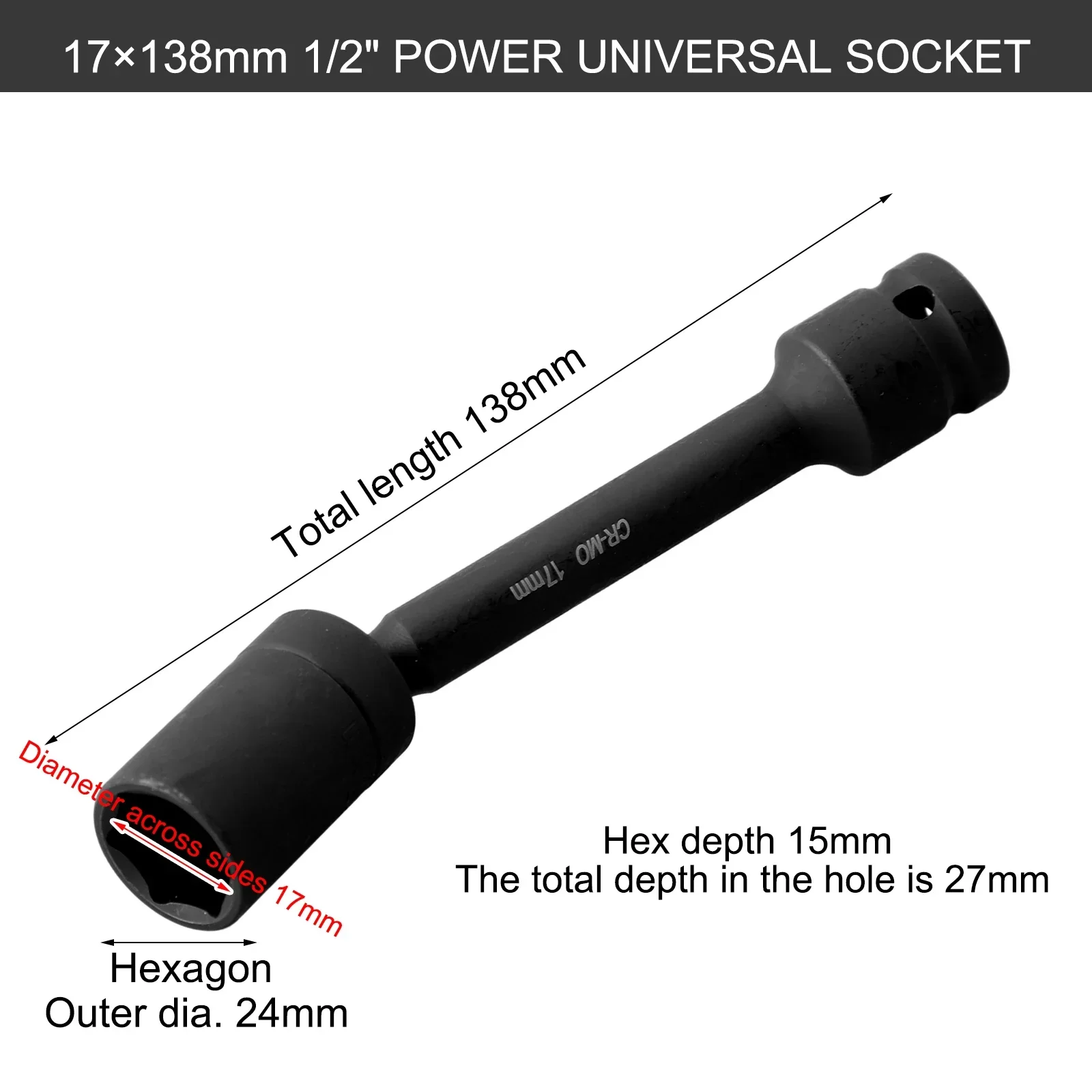 Adaptador de enchufe de cabeza hexagonal para llave eléctrica, llave Universal de 1/2 pulgadas, 12-19mm, 1 unidad