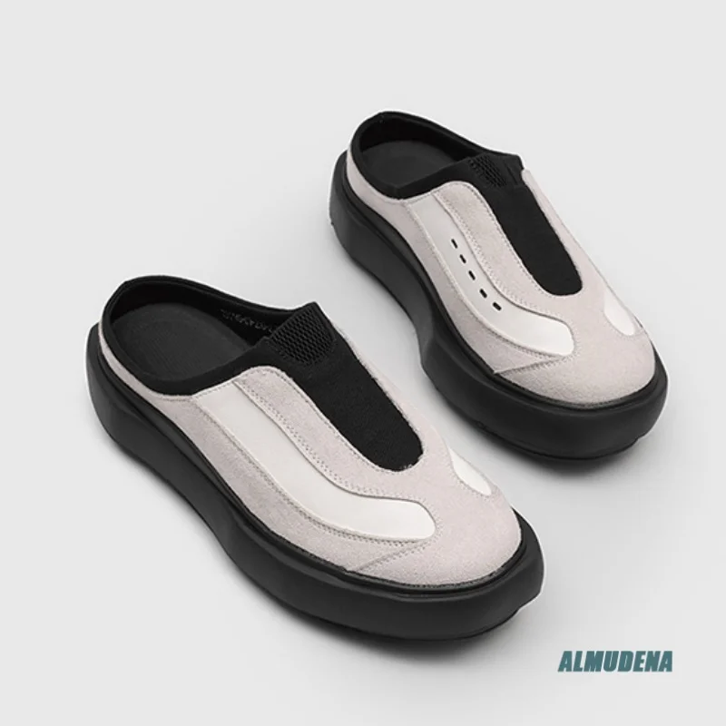 Suede Leather Men's Chunky Mule Slippers Round Toe Slip-On Casual Urban Outdoor Minimalist Breathable Fashion Daily Shoes
