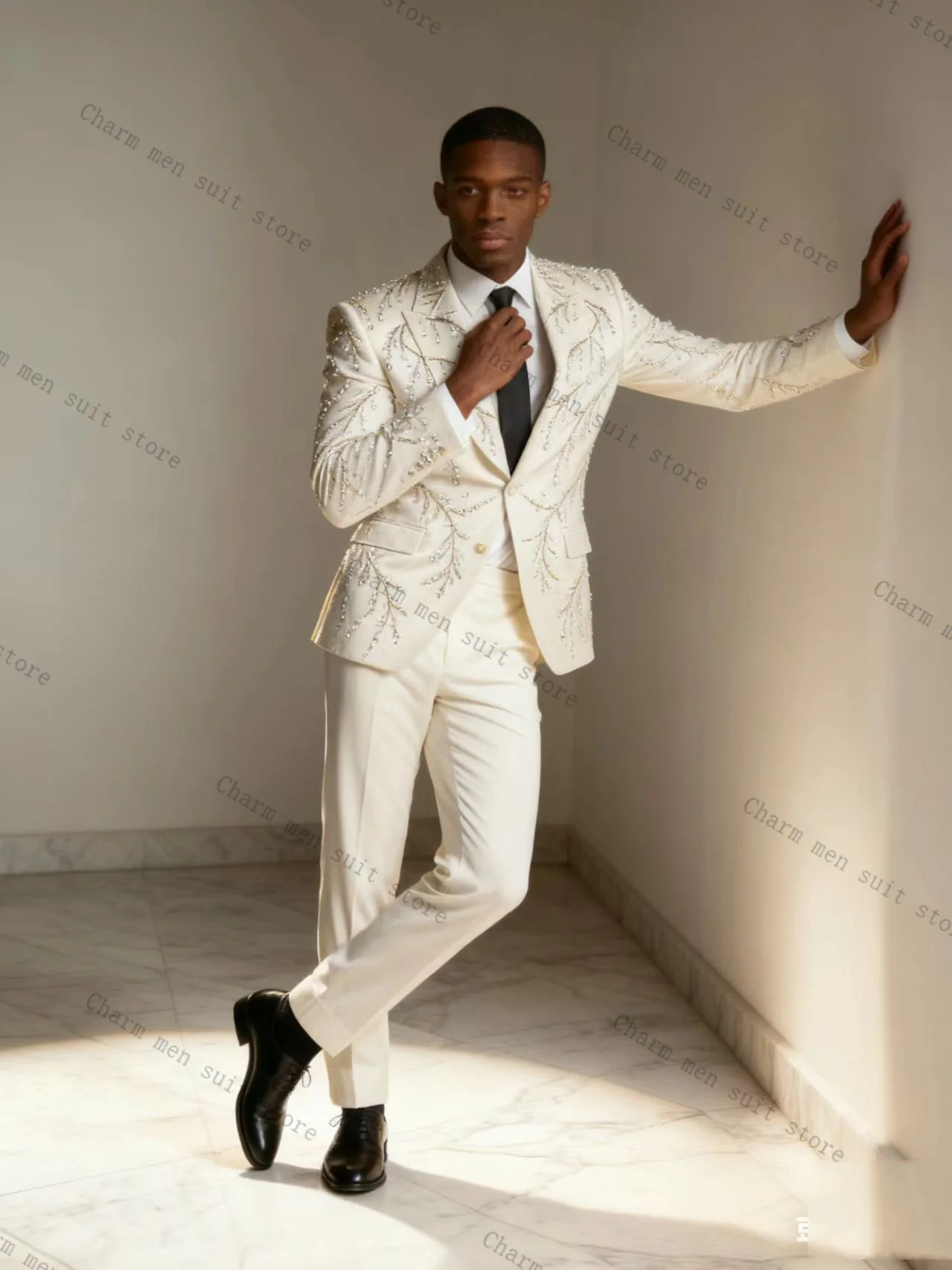 

White Crystals Men Suits Set 2 Pcs Blazer+Pants Trousers Cotton Stone Wedding Tuxedo Formal Office Business Groom Jacket Coat