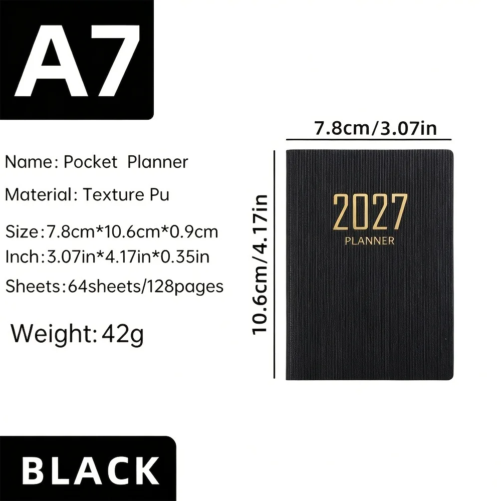 1 A7 specification 2027 English plan book, 64 128-page thin weekly calendar notebooks, 365-day daily plan calendar book, A7 mini portable pocket book schedule book, PU leather book - Detail 1