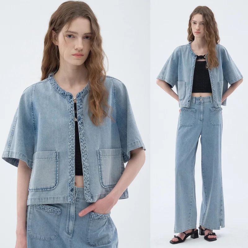 

Джинсовая куртка Ele ort Sve V-Ne с квадратными карманами и плетеным узором для женщин, модная одежда для осени, весны и лета