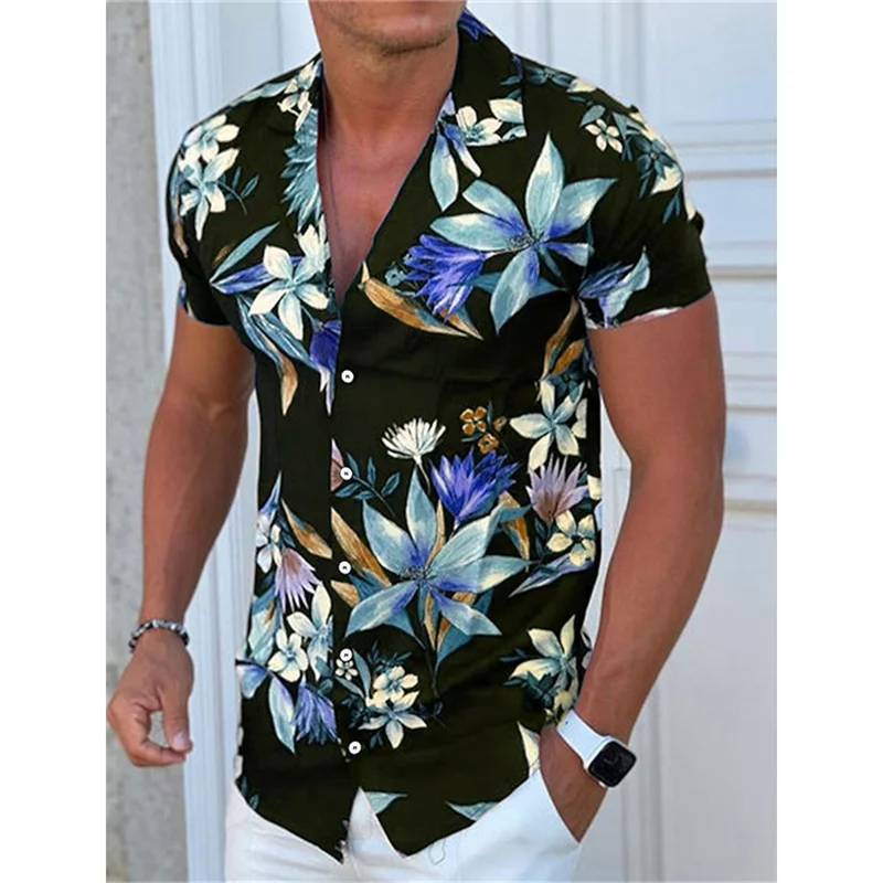 Camisa hawaiana con patrón de hojas florales para hombre, camisas Aloha con estampado 3D de plantas coloridas, blusas de solapa transpirables sueltas de manga corta