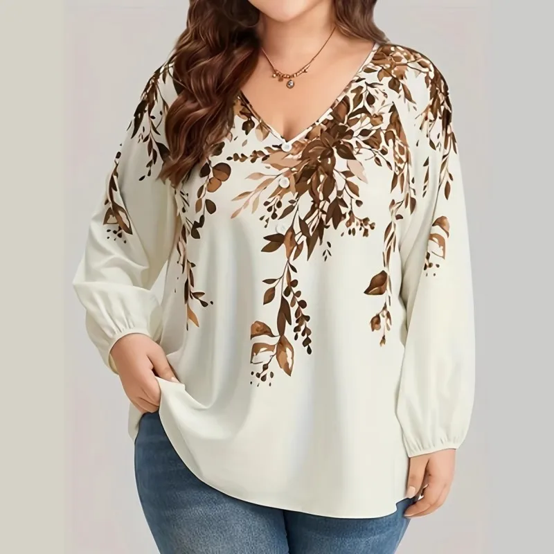 1XL-5XL Plus Size Autumn Spring Fashion Elegant Print Shirt Blouse V-Neck 3XL 4XL Big Size Women Long Sleeve T-shirt Tops