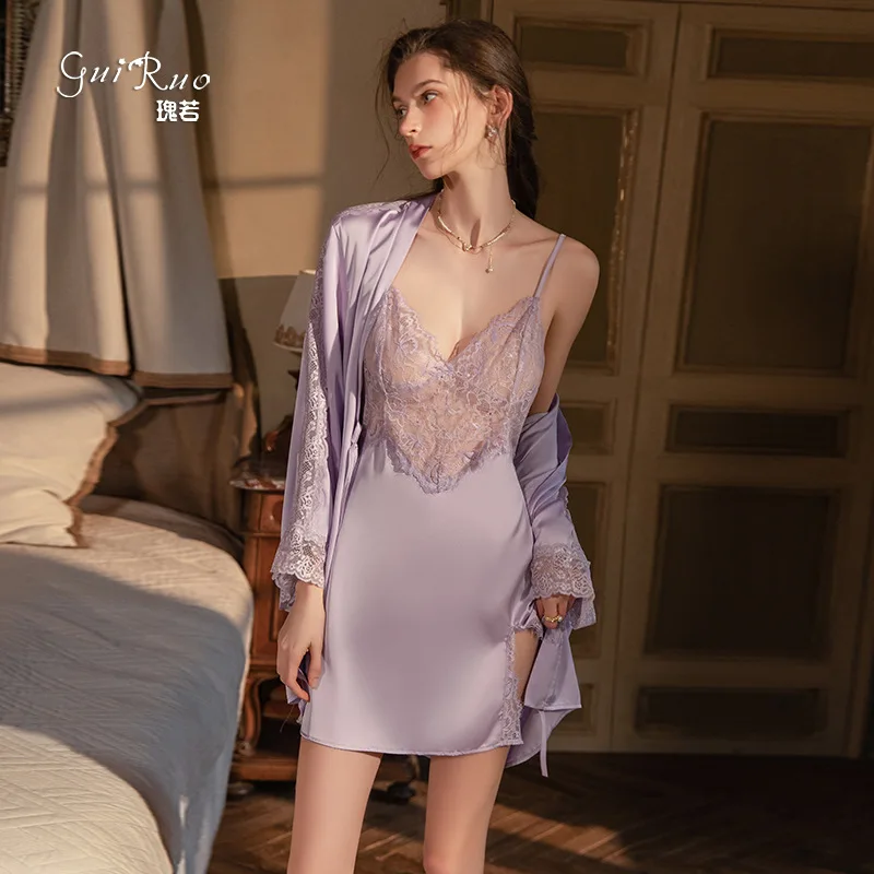 Sexy Deep V See-through Lace Satin Slit Seductive Camisole Nightdress With Robe Women's Home Wear Dress Casual Elegant AQ7F