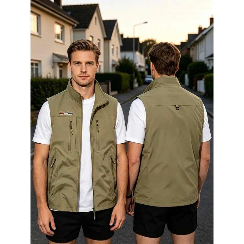 Men's Tactical Vest Simple Stand-up Collar Sleeveless Jacket Coat Summer Polar Man Zip Cycling and Cycling