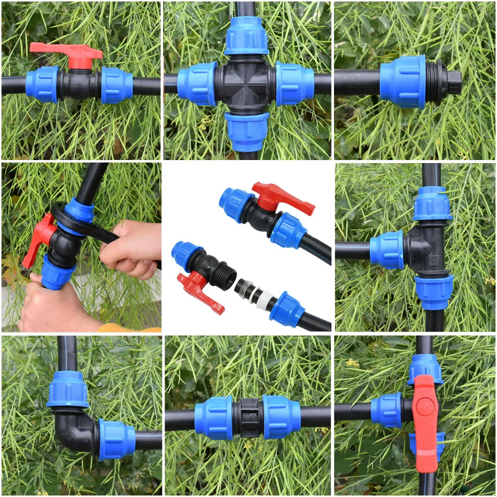 20/25/32/40/50/63mm PE Pipe Quick Connector Valve Tee Elbow Direct End plug Garden Tap Plastic Valve T-type Water Splitter