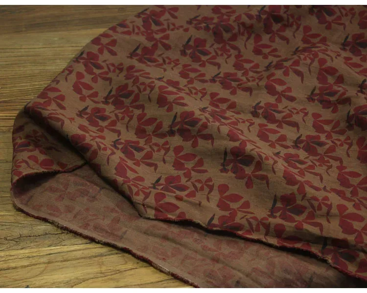 

1yard Red leaf print telas Washed pure linen fabrics for clothing one-piece dress cheongsam shirt sewing fabric
