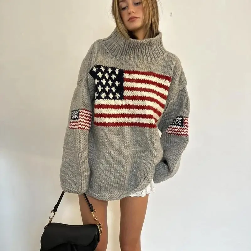 

European and American autumn and winter design sense flag print knit sweater casual loose round neck pullover sweater