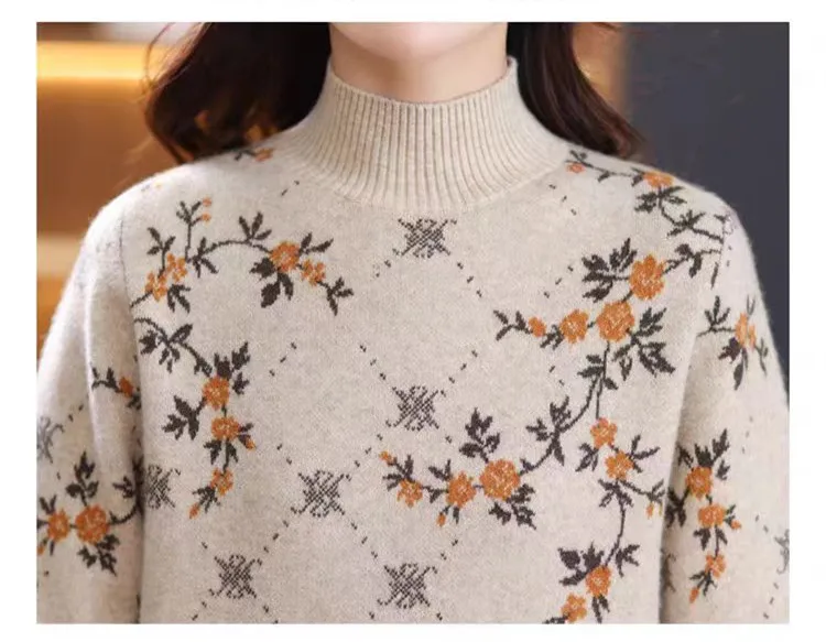 Pull en laine imprimé Vintage pour Femme, haut en laine, manches longues, col roulé, chaud, vêtements bas, chemisier tricoté