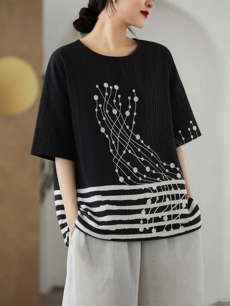 

Fashionable Printed Loose Fit Striped Short Sleeve round Neck T-Shirt Women's plus Size Casual Top Summer Comfortable Polyest...