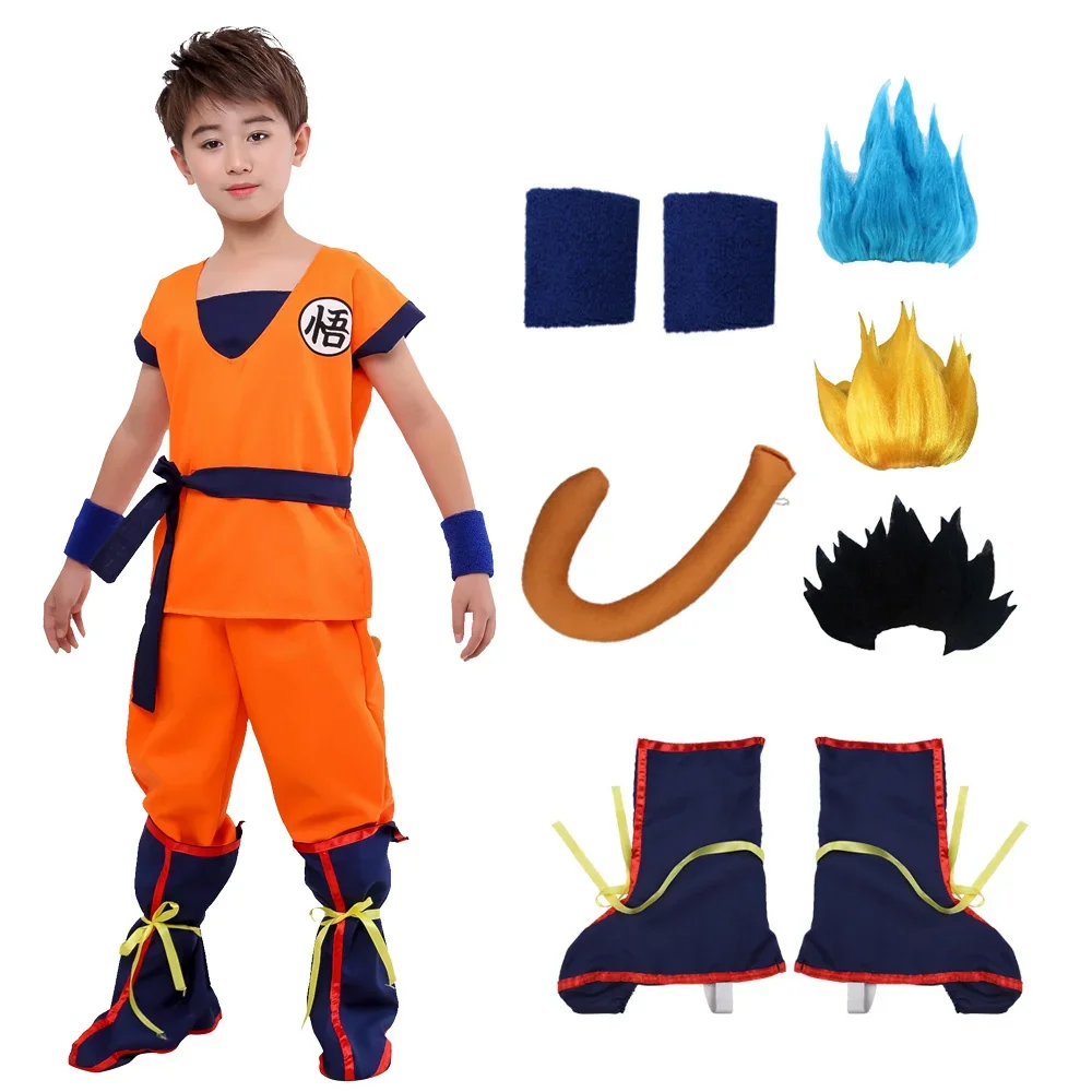 Halloween Garnitury dla dorosłych Son Goku Gui Karnawał Anime Cosplay Kostiumy świąteczne Ogon Wrister Peruka Niebieski Złoty Nowy Rok Przebranie