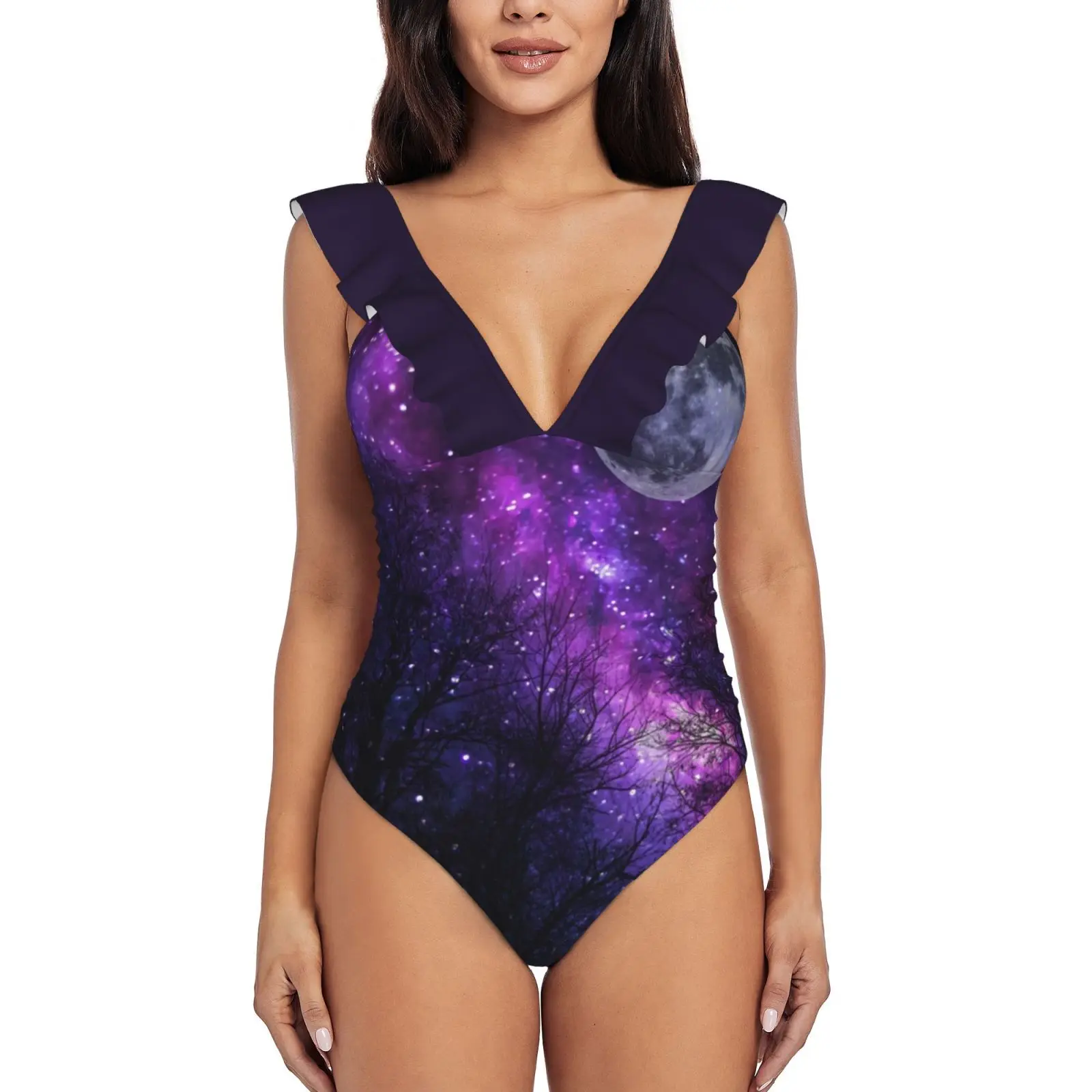 

Mystic Moon Sexy One Piece Swimsuit Women Ruffled Swimwear Women Print Monokini Female Beachwear Moon Mystic Landscape Trees