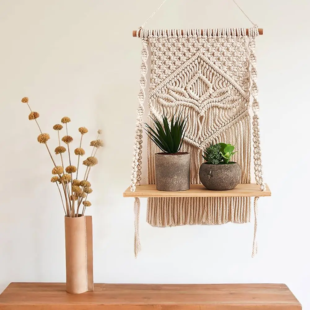 

Exquisite Workmanship Floating Shelf Cotton Rope Organizer Useful Living Room Bohemian Tassel Tapestry Floating Shelf