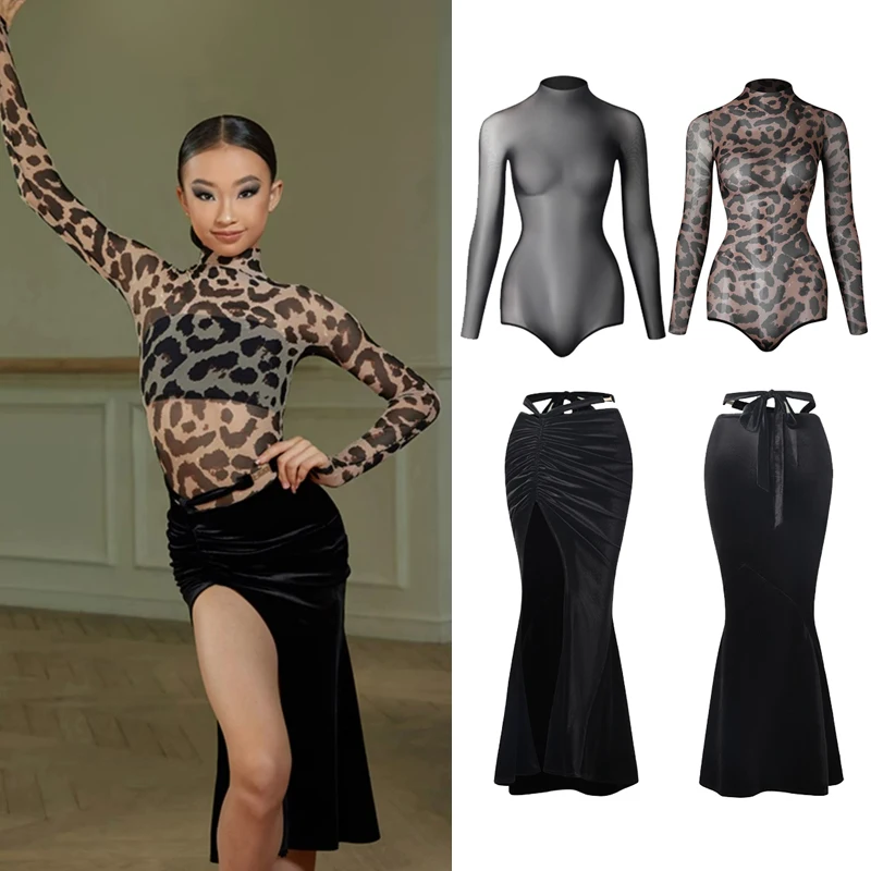 New Kids Latin Dance Costume Girls Long SLeeves Tops Black Velvet Skirt Rumba Tango Ballroom Dance Performance Clothes DNV18544