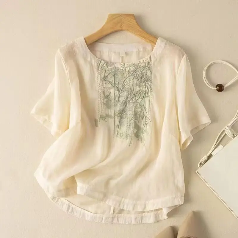 

Summer New Embroidery Cotton Linen Tops Tees Female 2024 Cool and Comfortable Loose High-quality Short Sleeves T-shirt 티셔츠 Ropa