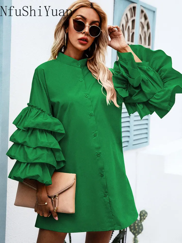 Summer New Button Shirt Skirt Solid Color Multilayer Ruffled Trumpet Sleeves Loose Temperament  for Women Punk Rave Dresses