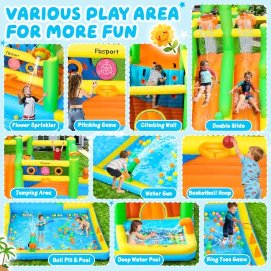 Backyard and indoor outdoor inflatable bounce house with double water slide for big kids, PVC material, blue and yellow, includ