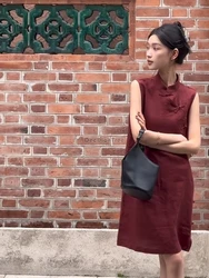 2026 chinese ethnic solid color cotton linen qipao dress daily leisure simple temperament dress summer loose comfortable dress