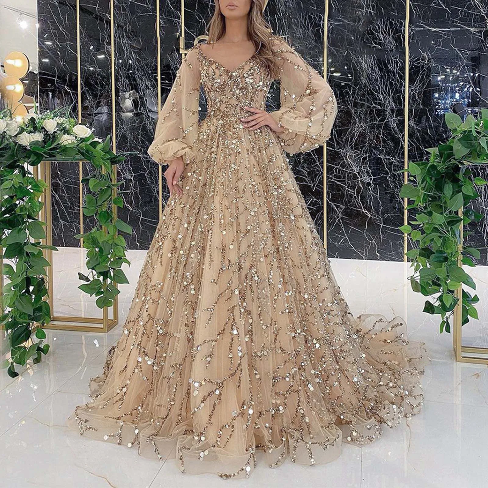 

Sequins Evening Party Floor Length Dress For Women Mesh Long Sleeve A-Line Slim Waist Club Dress Female Backless Prom Dresses