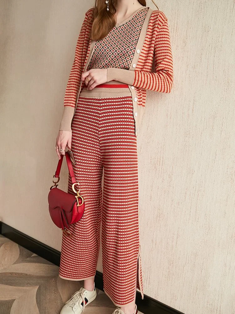 Trousers Woman Holiday Outfits Sweater Stripe Pant Sets For Women 2 Pieces Red Spring Autumn Knitted Crochet Offer Korean Style