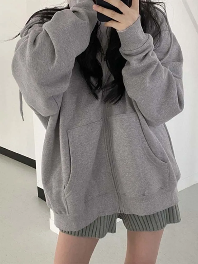 Women Hoodies Harajuku Korean Version Loose  Sweatshirts Vintage Solid Color Long Sleeve Hooded Sweatshirt Zipper Coats