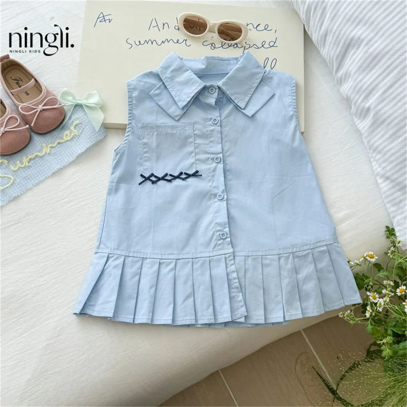 

Girls' Summer Vest Dress New Stylish Pleated Skirt Children's Korean Style Blue Sleeveless Shirt Dress