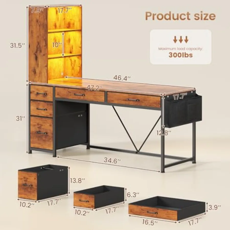 Computer Desk with 5 Drawers and Bookshelf, Reversible Home Office Desk with Storage Shelves and File Drawer, Gaming Corner Des