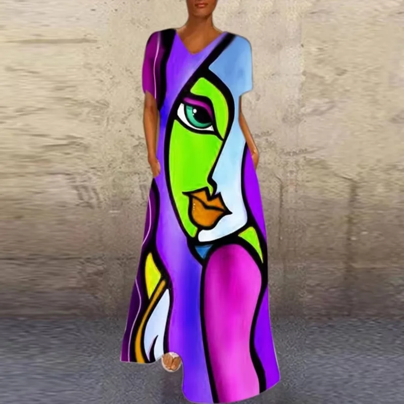 Ladies Elegant Abstract Girl Printed Party Dresses Casual Short Sleeve V Neck Long Dresses Summer Loose A-line Dresses Vestidos