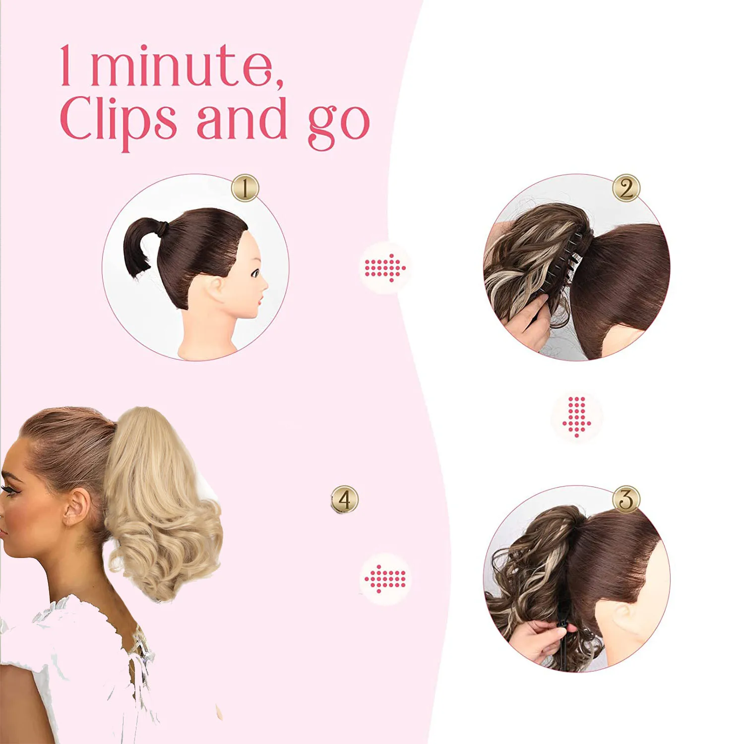 Extensiones de Cabello con Clip de garra para mujer y niña, coleta corta y rizada de 12 pulgadas, postizo sintético ondulado Natural para uso diario