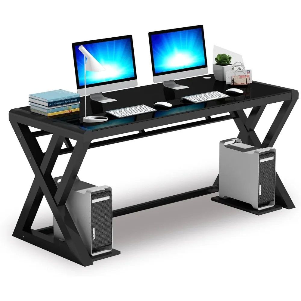 Mesa de computador de vidro, mesa de computador moderna com estrutura de aço carbono e tampo de vidro, mesas de escritório em casa, mesa de computador, estudo