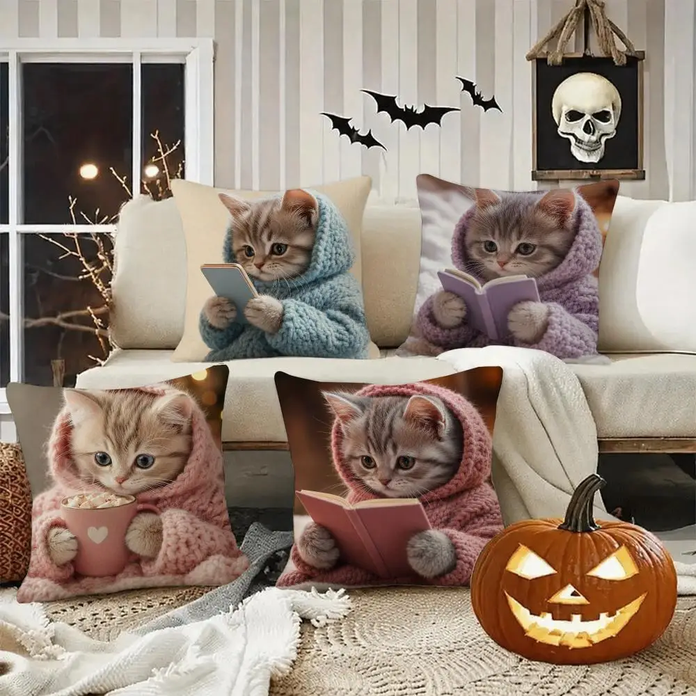 Cute Cozy Kitten Reading Cushion Cover Halloween decoration trick or treat cushion cover, ghost, pumpkin head, bat decoration