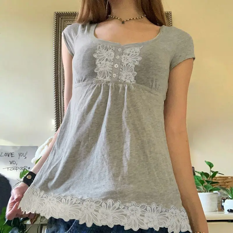 

Spliced Button Doll Skirt T-shirt Sweet Casual Women's Short-sleeved Shirt