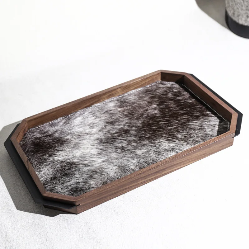 Luxury-luxurious Trays Walnut Wood Horsehair Leather Sample Room Trays TV Cabinet Storage Durable Home Decor Plateaux ZY40TP