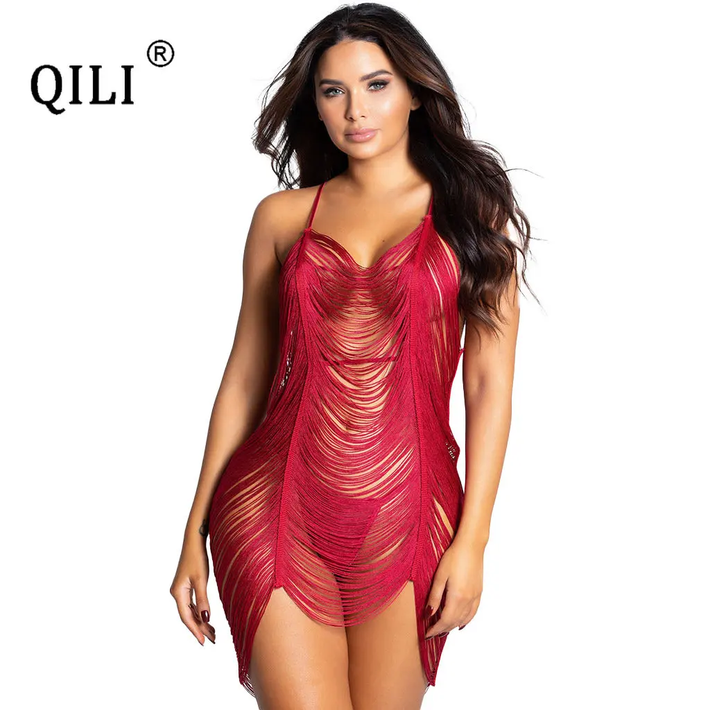 

QILI-Women's Sexy Cut-Out Tassel Dress, Beach Club Dresses, See Through, Hollow Out, Sleeveless, Backless, Summer