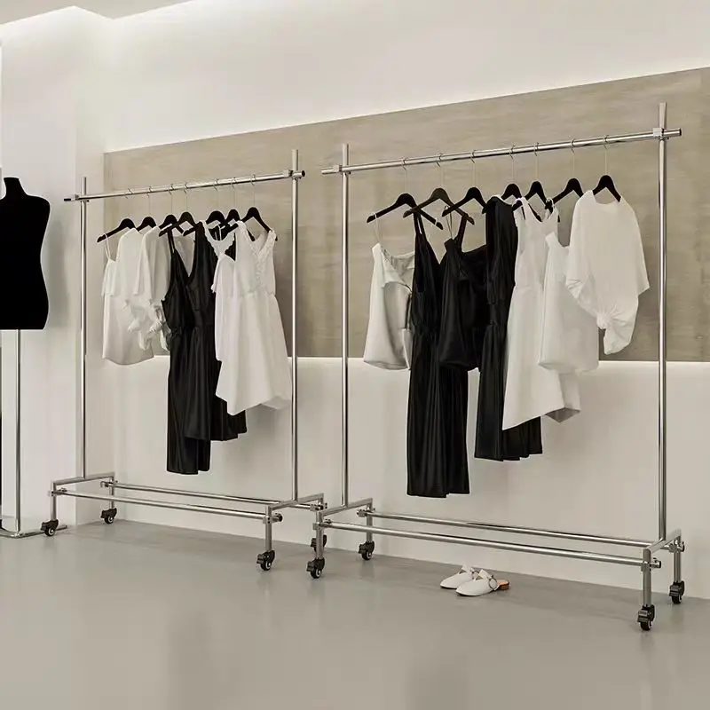 رفوف عرض متجر لبيع الملابس النسائية، متاجر ملابس النوافذ، مخصصة، من الفولاذ المقاوم للصدأ، من الأرض إلى السقف #2