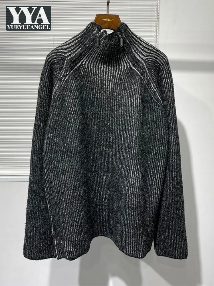 

Gothic Striped Sweater Men Autumn Winter Stand Collar Pullover Loose Fit Vintage Long Sleeve Knitted Top Black Casual Sweaters