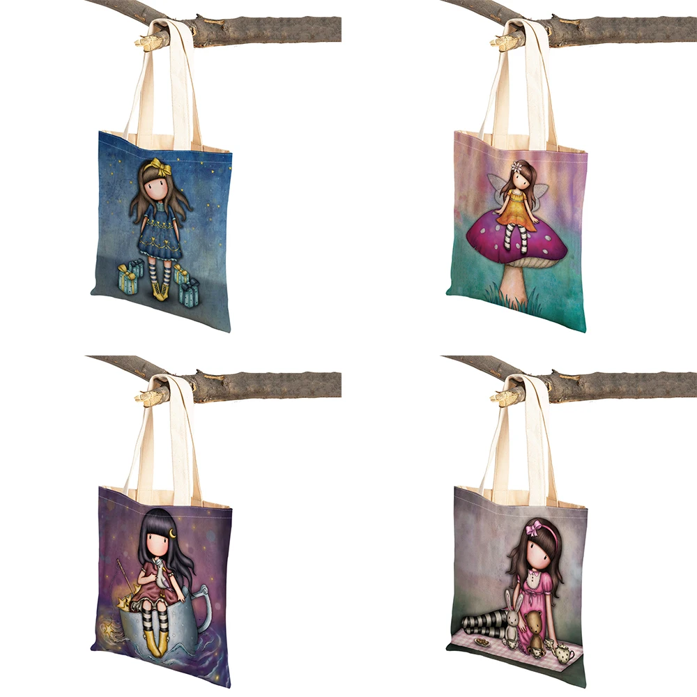 Double Print Fashion Cute Cartoon Little Girl Women Shopping Bag Linen Children Gift Tote Handbag Lady Shopper Bags