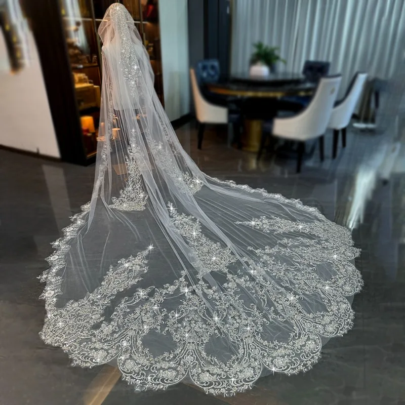 Bridal wedding veil high-end heavy industry bead embroidery pure handmade veil wedding long trailing accessories