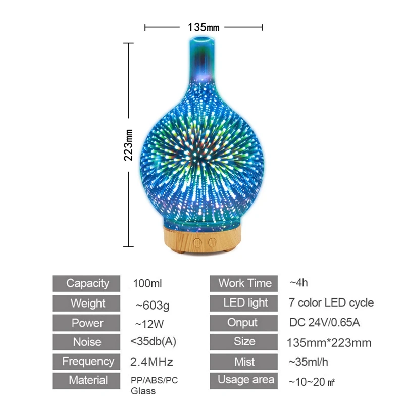 3D 불꽃놀이 유리 USB 공기 가습기 및 7색 LED 야간 조명 아로마 오일 디퓨저 콜드 미스트 불꽃놀이 아로마테라피 기계