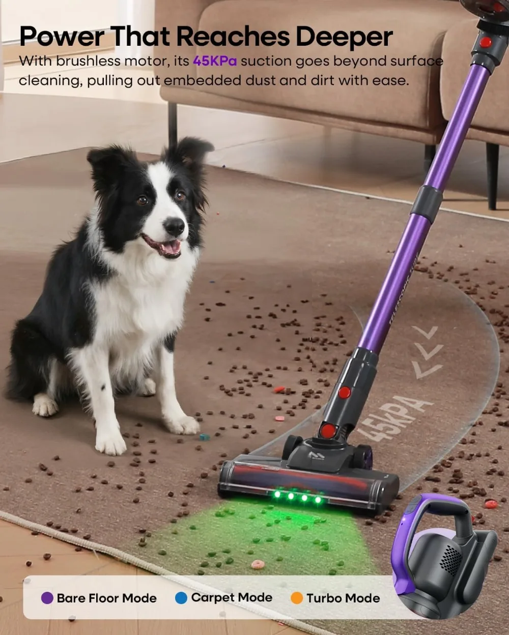 Cordless Vacuum Cleaner 45KPA, 60Mins Runtime, Lightweight Powerful Suction for Home, 3 Modes, Stick Vacuum for All Floors/Carpet/Pet Hair/Car view 2