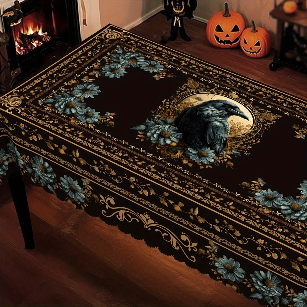 Halloween-themed tablecloth, featuring an image of an owl and flowers, with a unique design and in a Gothic style.zyc