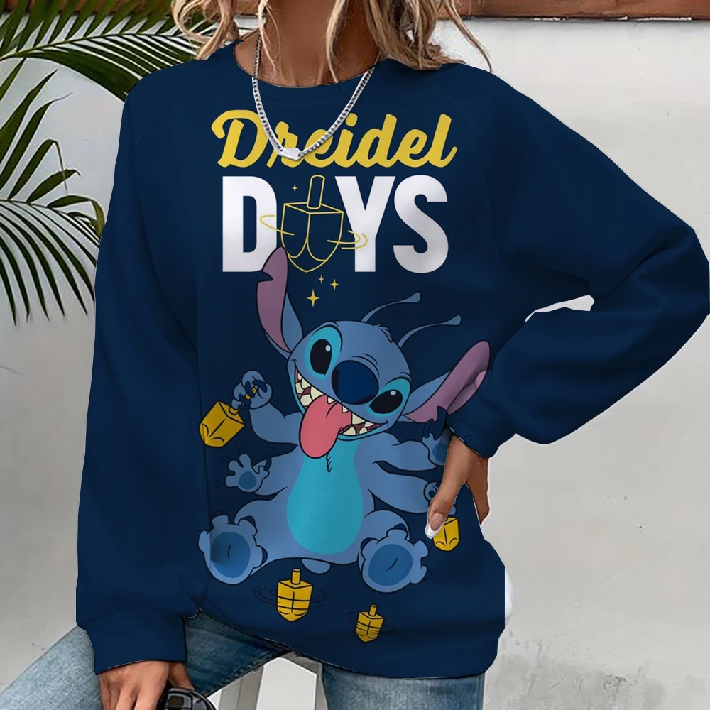 Felpa con cappuccio moda donna Disney Stitch stampa Moda Autunno Quotidiano Manica lunga Girocollo Pullover allentato Cartoon Boho Style Sweatsh