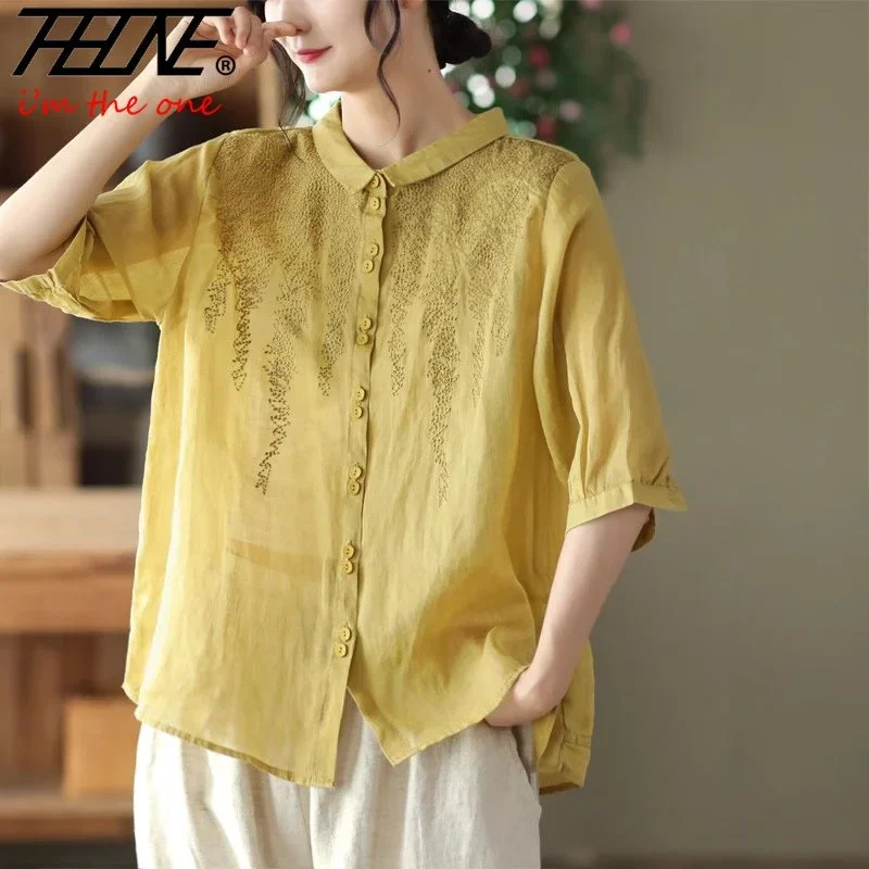 Plus Size Summer Shirts Women Oversized Blouses Korean Style Vintage Embroidery Cotton Linen Shirt Ramie Blouse Top Blusas